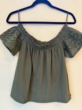 Express Olive Green Off-Shoulder Eyelet Sleeve Crop Top